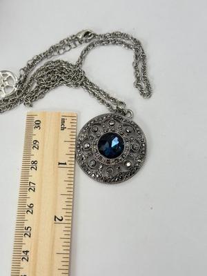 LOT 350J: 20” Trifari Silver Tone Marcasite Pendant Necklace, 19” 1928 Silver Tone Flower Pendant Necklace & 20” Metal Link Chain