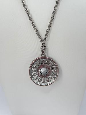LOT 350J: 20” Trifari Silver Tone Marcasite Pendant Necklace, 19” 1928 Silver Tone Flower Pendant Necklace & 20” Metal Link Chain