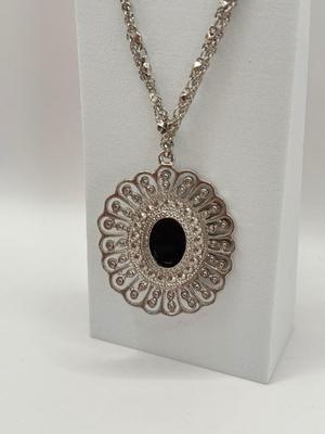 LOT 350J: 20” Trifari Silver Tone Marcasite Pendant Necklace, 19” 1928 Silver Tone Flower Pendant Necklace & 20” Metal Link Chain