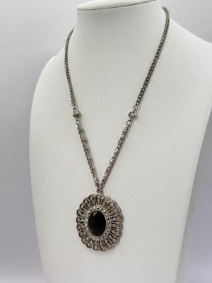 LOT 350J: 20” Trifari Silver Tone Marcasite Pendant Necklace, 19” 1928 Silver Tone Flower Pendant Necklace & 20” Metal Link Chain