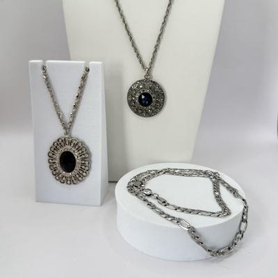 LOT 350J: 20” Trifari Silver Tone Marcasite Pendant Necklace, 19” 1928 Silver Tone Flower Pendant Necklace & 20” Metal Link Chain