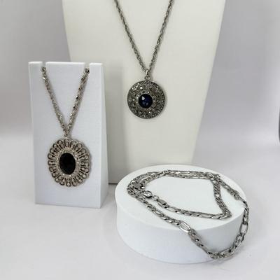 LOT 350J: 20” Trifari Silver Tone Marcasite Pendant Necklace, 19” 1928 Silver Tone Flower Pendant Necklace & 20” Metal Link Chain