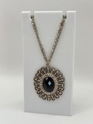 LOT 350J: 20” Trifari Silver Tone Marcasite Pendant Necklace, 19” 1928 Silver Tone Flower Pendant Necklace & 20” Metal Link Chain