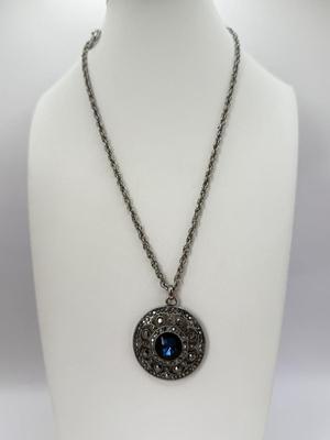 LOT 350J: 20” Trifari Silver Tone Marcasite Pendant Necklace, 19” 1928 Silver Tone Flower Pendant Necklace & 20” Metal Link Chain