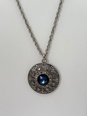 LOT 350J: 20” Trifari Silver Tone Marcasite Pendant Necklace, 19” 1928 Silver Tone Flower Pendant Necklace & 20” Metal Link Chain
