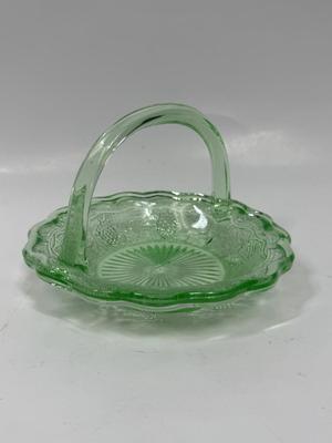Antique Westmoreland Green Glass Grape & Leaf 5.5" Uranium Glass Basket with Handle - Glows in the Dark!