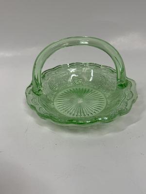 Antique Westmoreland Green Glass Grape & Leaf 5.5" Uranium Glass Basket with Handle - Glows in the Dark!