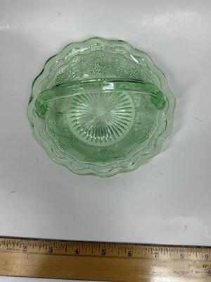 Antique Westmoreland Green Glass Grape & Leaf 5.5" Uranium Glass Basket with Handle - Glows in the Dark!