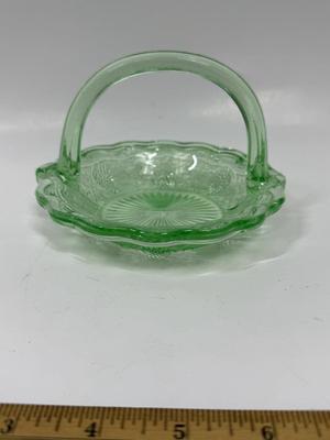 Antique Westmoreland Green Glass Grape & Leaf 5.5" Uranium Glass Basket with Handle - Glows in the Dark!