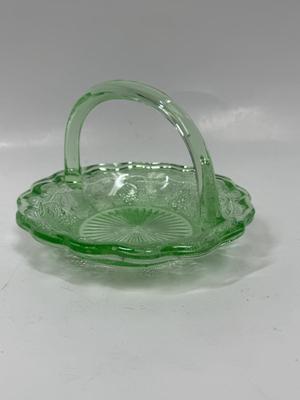 Antique Westmoreland Green Glass Grape & Leaf 5.5" Uranium Glass Basket with Handle - Glows in the Dark!
