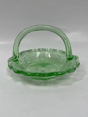 Antique Westmoreland Green Glass Grape & Leaf 5.5" Uranium Glass Basket with Handle - Glows in the Dark!