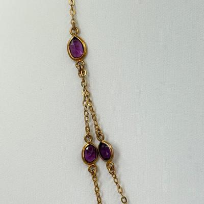 LOT 352J: 17” Victorian Style Faux Glass Amethyst Necklace, 15” Mesh Gold Tone Chain, 16” Trifari Graduated Heart Necklace, 15” Gold Tone...