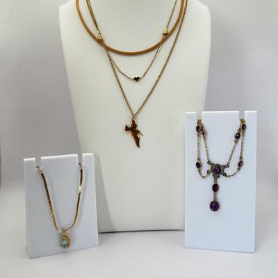 LOT 352J: 17” Victorian Style Faux Glass Amethyst Necklace, 15” Mesh Gold Tone Chain, 16” Trifari Graduated Heart Necklace, 15” Gold Tone...