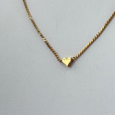 LOT 352J: 17” Victorian Style Faux Glass Amethyst Necklace, 15” Mesh Gold Tone Chain, 16” Trifari Graduated Heart Necklace, 15” Gold Tone...