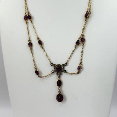 LOT 352J: 17” Victorian Style Faux Glass Amethyst Necklace, 15” Mesh Gold Tone Chain, 16” Trifari Graduated Heart Necklace, 15” Gold Tone...