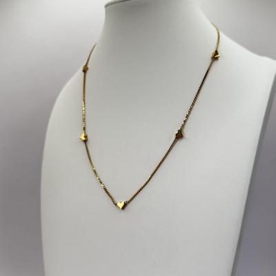 LOT 352J: 17” Victorian Style Faux Glass Amethyst Necklace, 15” Mesh Gold Tone Chain, 16” Trifari Graduated Heart Necklace, 15” Gold Tone...