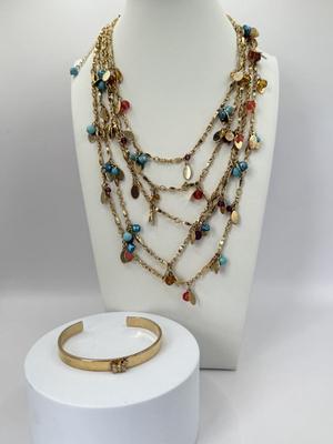 LOT 358J: 19” Gold Tone Five Strand Gradual Necklace & Gold Tone Butterfly Cuff Bracelet