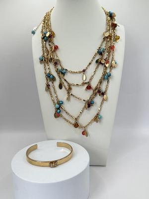 LOT 358J: 19” Gold Tone Five Strand Gradual Necklace & Gold Tone Butterfly Cuff Bracelet