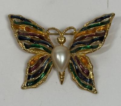 Vintage Enamel Multicolor Gold tone Butterfly Brooch unmarked