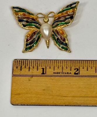 Vintage Enamel Multicolor Gold tone Butterfly Brooch unmarked