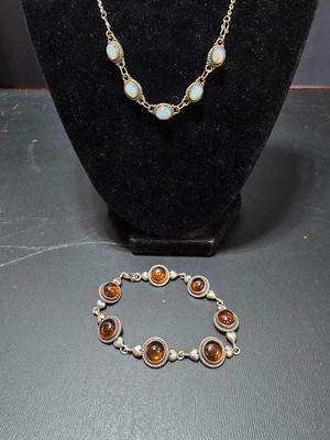 Vintage Baltic Amber & .925 marked Sterling Silver Bracelet with moonstone like necklace