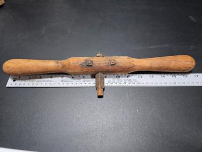 Antique wooden frame with T handle, Wood level and three candle holders