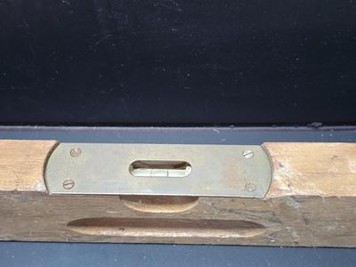 Antique wooden frame with T handle, Wood level and three candle holders