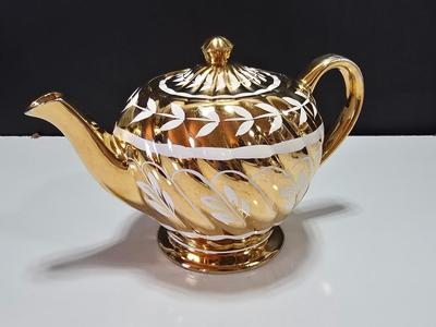 Vintage Sadler Swirl Gold Teapot White Leaf Design Made in England Numbered on base