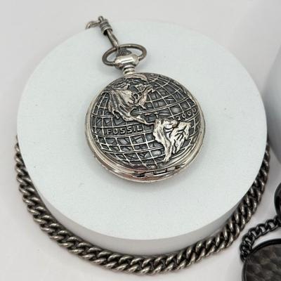LOT 459J: Three Vintage Pocket Watches w/ Chains incl. LE Fossil Millennium
