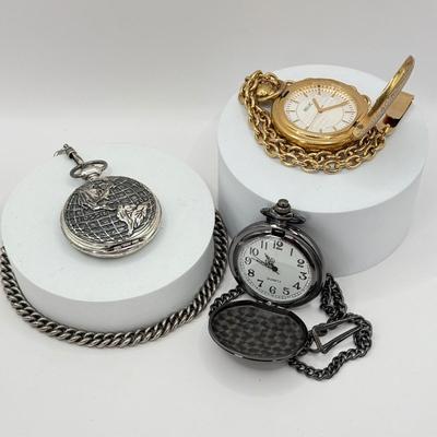 LOT 459J: Three Vintage Pocket Watches w/ Chains incl. LE Fossil Millennium