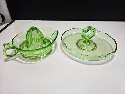 Vintage depression glass juice reamer and serving tray