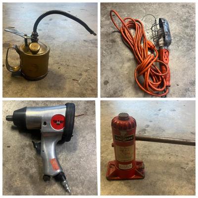 Bottle Jack, 1/3” Drive Air Impact Wrench, Golden Rod Oil Can & Drop Light (G-MG)