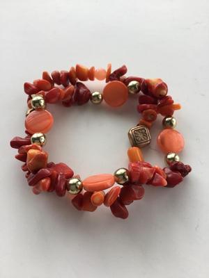 Orange nugget beaded two stretchy bracelets