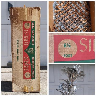 LOT 194: Silver Forest Pom Pom Style 6-1/2 Ft Silver Aluminum Christmas Tree