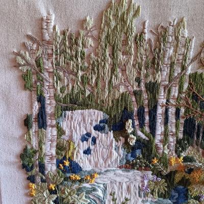 LOT 195: Ansonia Clock Co. Mirror Clock w/ Vintage Crewel Embroidery Waterfall Scene
