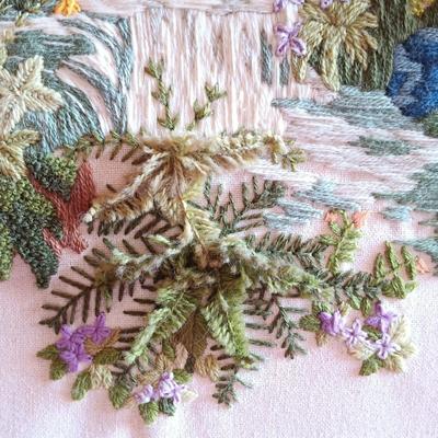 LOT 195: Ansonia Clock Co. Mirror Clock w/ Vintage Crewel Embroidery Waterfall Scene