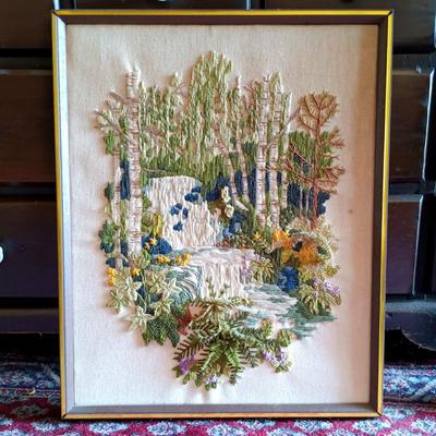 LOT 195: Ansonia Clock Co. Mirror Clock w/ Vintage Crewel Embroidery Waterfall Scene