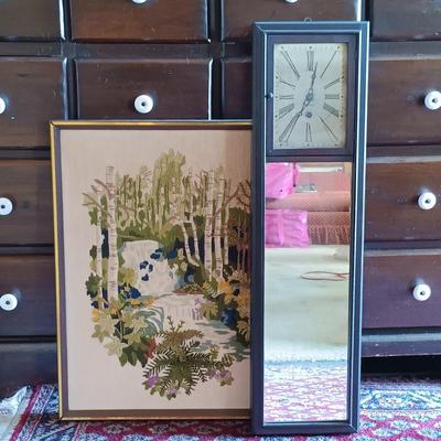 LOT 195: Ansonia Clock Co. Mirror Clock w/ Vintage Crewel Embroidery Waterfall Scene
