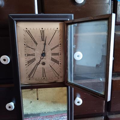 LOT 195: Ansonia Clock Co. Mirror Clock w/ Vintage Crewel Embroidery Waterfall Scene