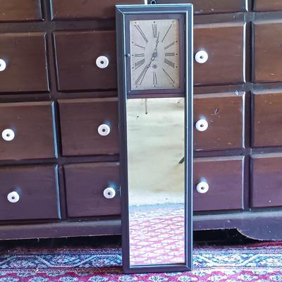 LOT 195: Ansonia Clock Co. Mirror Clock w/ Vintage Crewel Embroidery Waterfall Scene