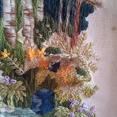 LOT 195: Ansonia Clock Co. Mirror Clock w/ Vintage Crewel Embroidery Waterfall Scene