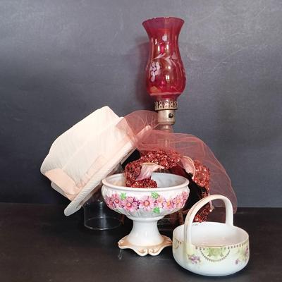 LOT 201: Cranberry Hurricane Glass Lamp, Relpo Pedestal Dish, Valerie Modes Hat & More