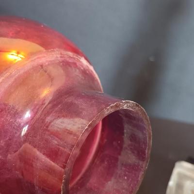 LOT 201: Cranberry Hurricane Glass Lamp, Relpo Pedestal Dish, Valerie Modes Hat & More