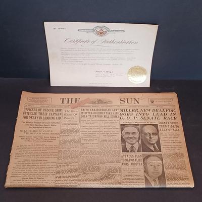 LOT 202: Chicago The Sun 1934 Newspaper with COA, Bond Executive Model Fedora & More