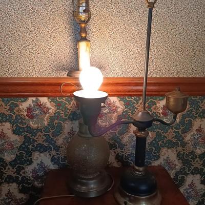 LOT 203: MCM Toleware-Style Student Lamp w/ One Other