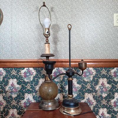 LOT 203: MCM Toleware-Style Student Lamp w/ One Other