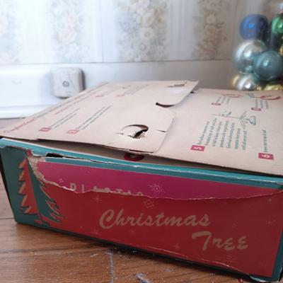 LOT 207: Vintage MCM 30" Christmas Tree with Ornaments, Plasco Plastic Mini Christmas Tree & More