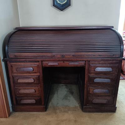 LOT 217: Antique Roll Top Desk with Victorian-Style Swivel Chair