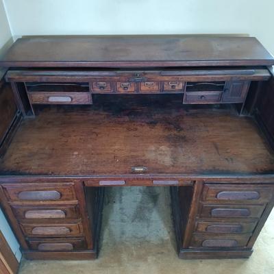 LOT 217: Antique Roll Top Desk with Victorian-Style Swivel Chair