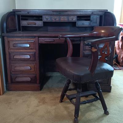 LOT 217: Antique Roll Top Desk with Victorian-Style Swivel Chair